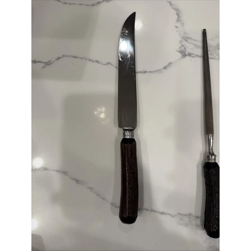 Vtg Russell Carving Set Stag Antler Horn Handle Stainless Knife Sharpener Fork